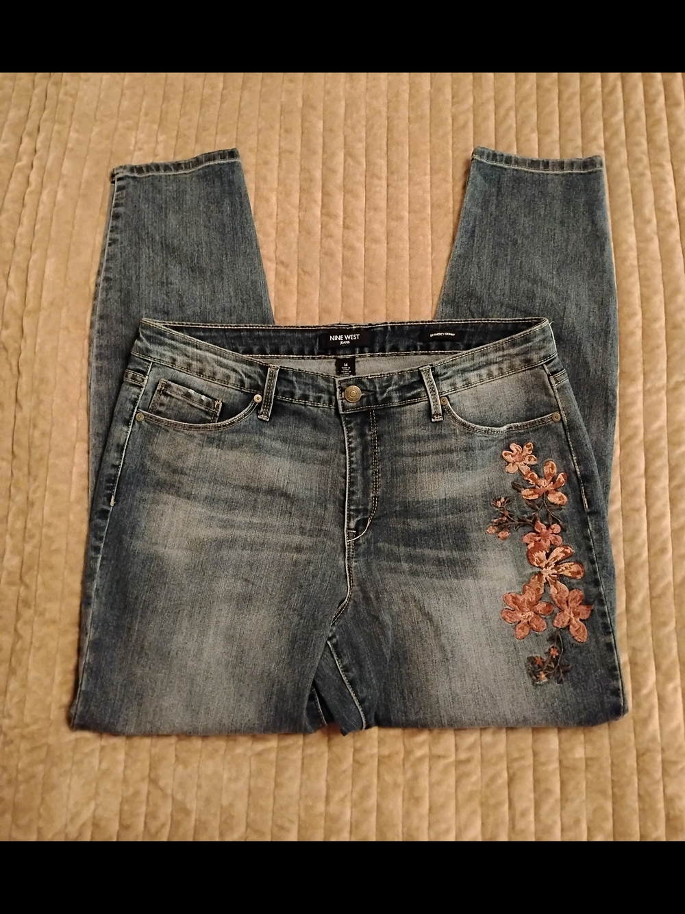 Nine West Medium Blue Skinny Jeans with Pink Floral Embroidery